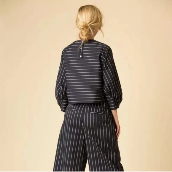 Tibi Sateen Striped Navy Blue Top
